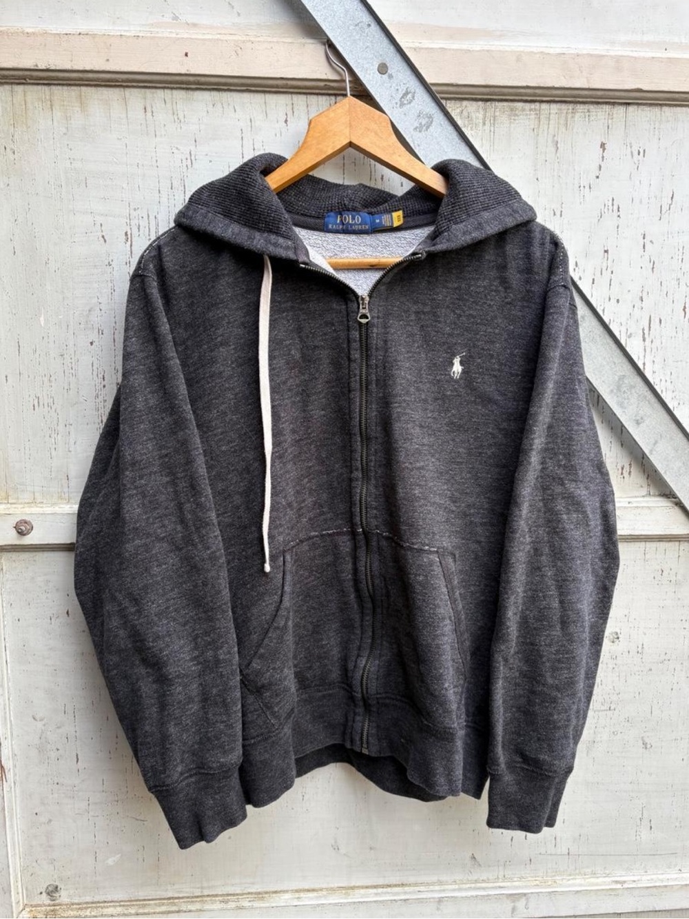 Vintage Polo Ralph Lauren Gray Full-Zip Up Thermal Hoodie Heavy Sweatshirt M